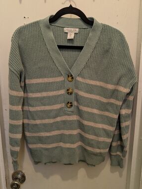 Rachel Zoe Striped Cardigan S V-Neck Casual Spring Sea Foam Green Cotton Blend